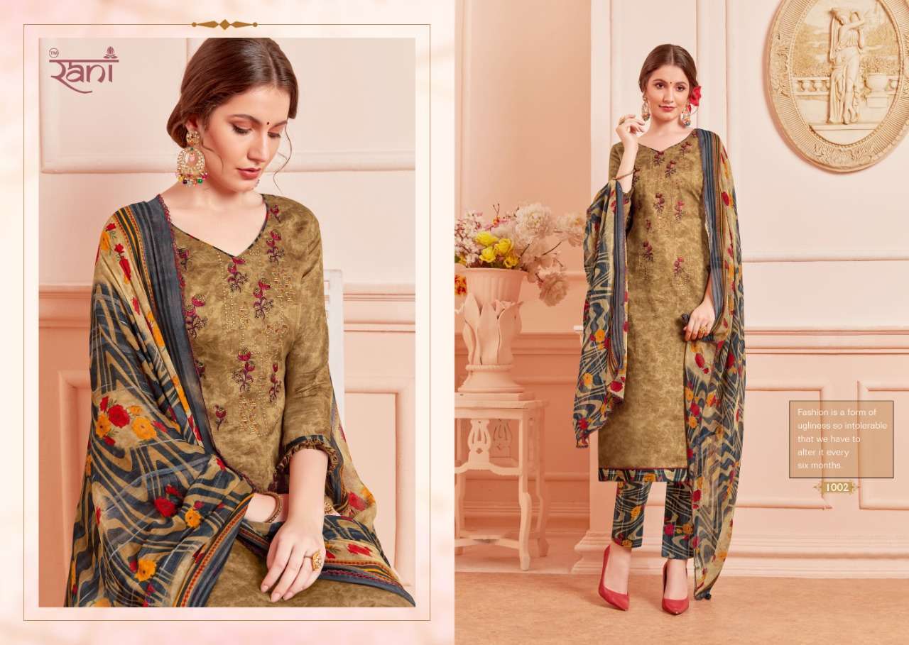 KAIRA BY RANI FASHION 1001 TO 1010 SERIES BEAUTIFUL SUITS STYLISH FANCY COLORFUL PARTY WEAR & OCCASIONAL WEAR COTTON SATIN PRINTED WITH EMBROIDERY DRESSES AT WHOLESALE PRICE